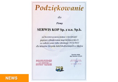 Podziękowania dla firmy Serwis Kop
